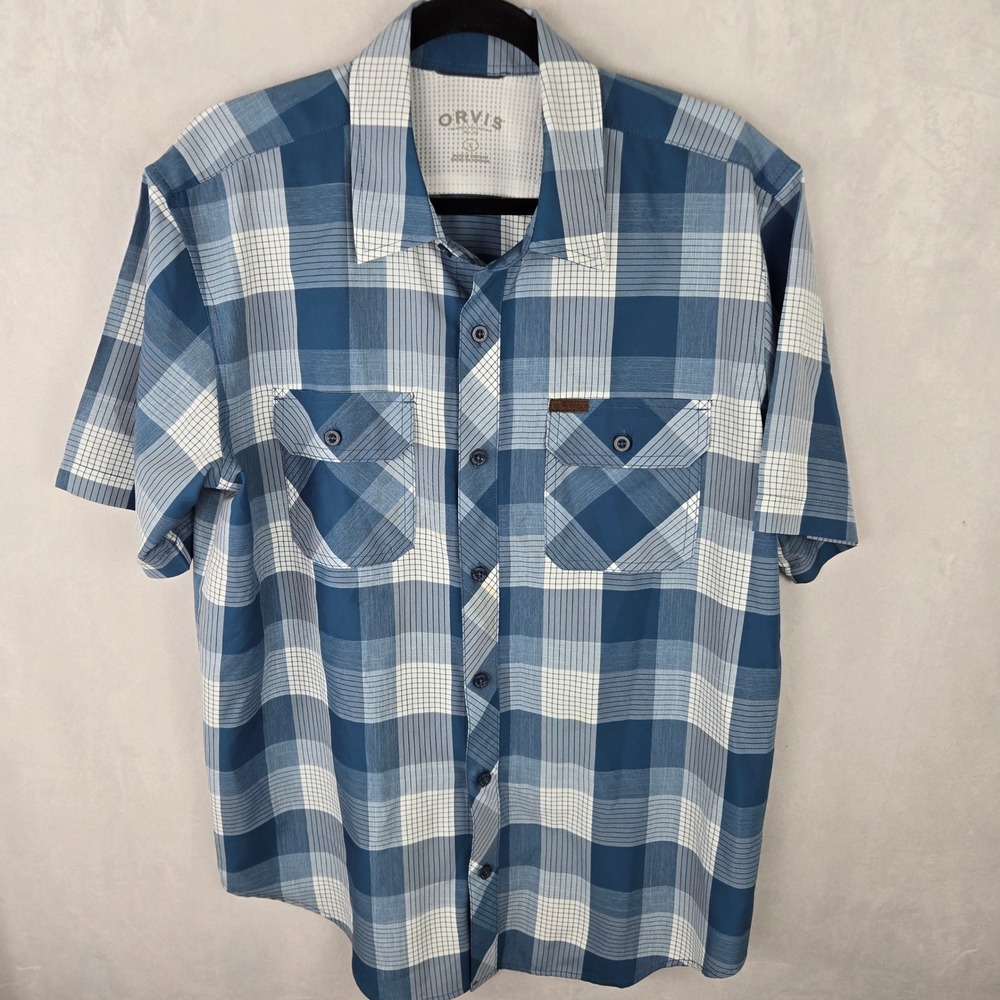Orvis Men Blue Plaid Short Sleeve Performance Fishing Shirt L Button Down Hiking